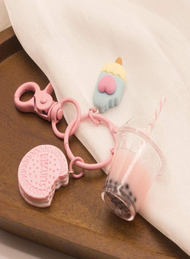 POYAMUSE Kawaii Macaron Color Mini Ice Cream and Boba Keychain Charm, Cute and Whimsical Pendant for Bags, Keys, and Accessories, Colorful Keychain for Women - Pink - Image 3